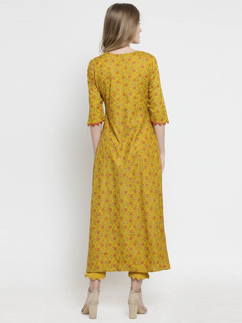 Indibelle Mustard Rayon Slub Florel Gold Print A-line Kurta With Trouser
