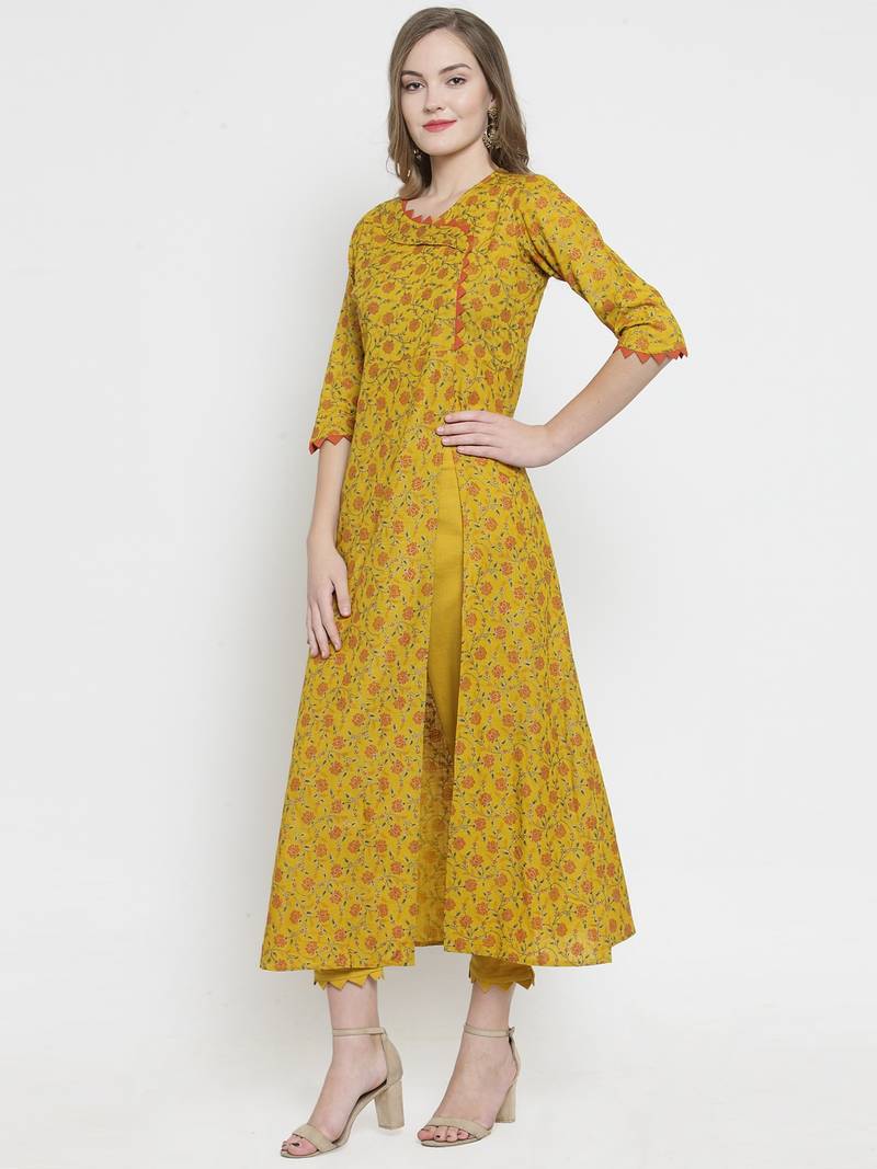 Indibelle Mustard Rayon Slub Florel Gold Print A-line Kurta With Trouser