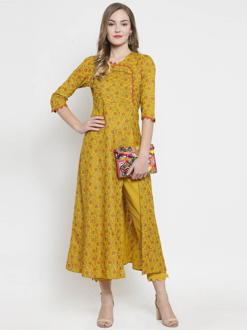 Indibelle Mustard Rayon Slub Florel Gold Print A-line Kurta With Trouser