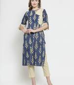 Indibelle Blue Cotton Slub Leaf Print Straight Kurta With trouser