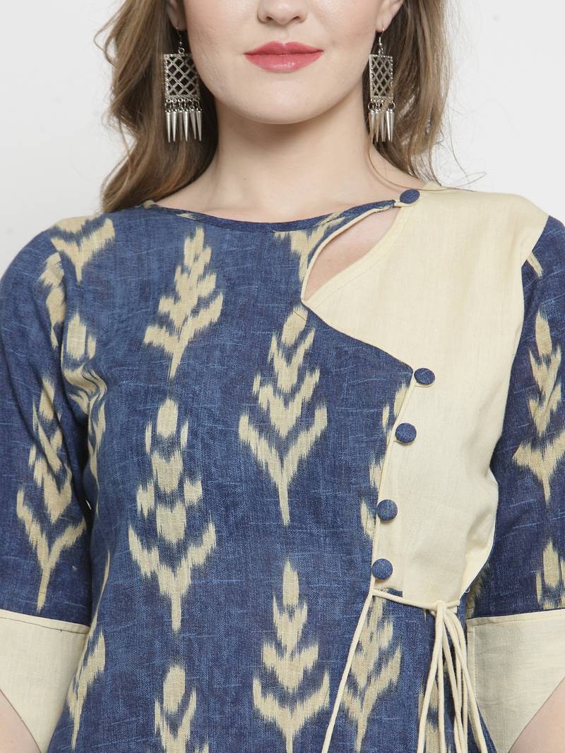 Indibelle Blue Cotton Slub Leaf Print Straight Kurta With trouser