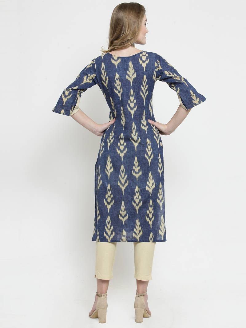 Indibelle Blue Cotton Slub Leaf Print Straight Kurta With trouser