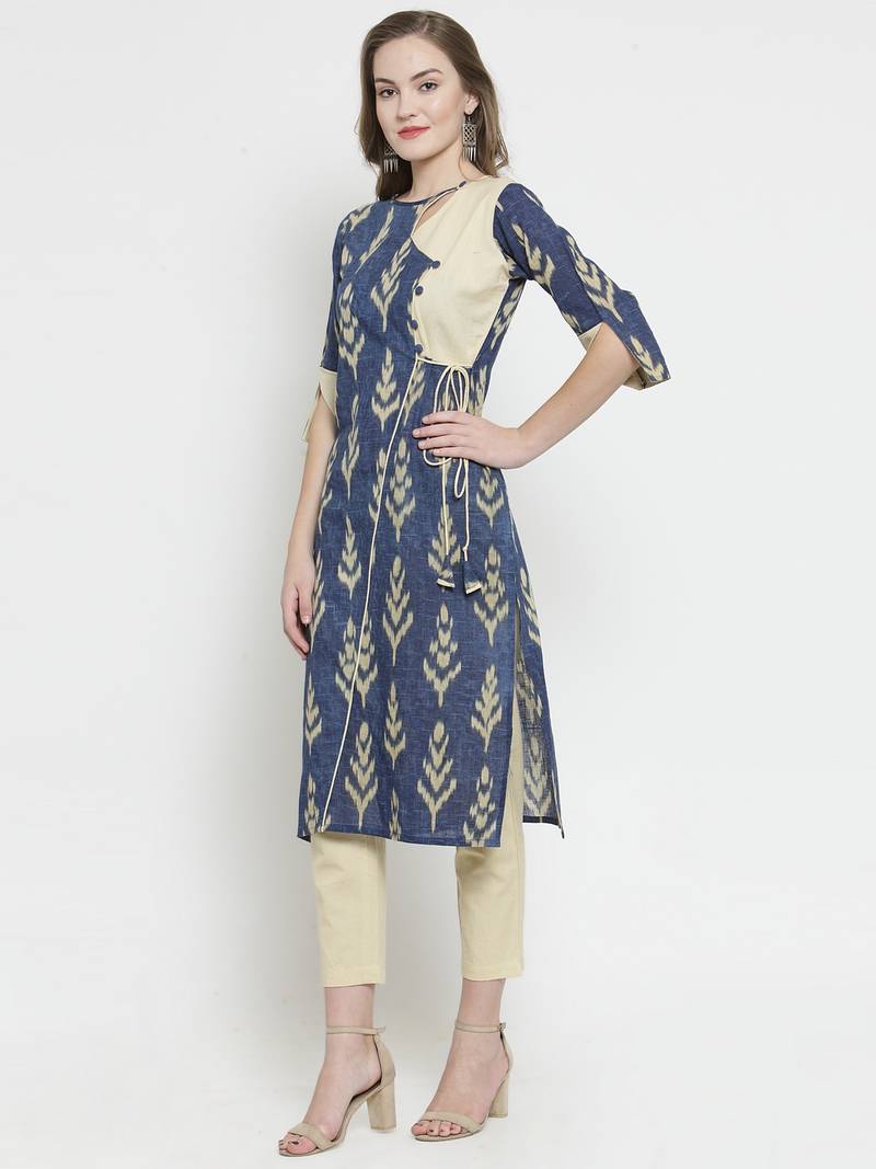 Indibelle Blue Cotton Slub Leaf Print Straight Kurta With trouser