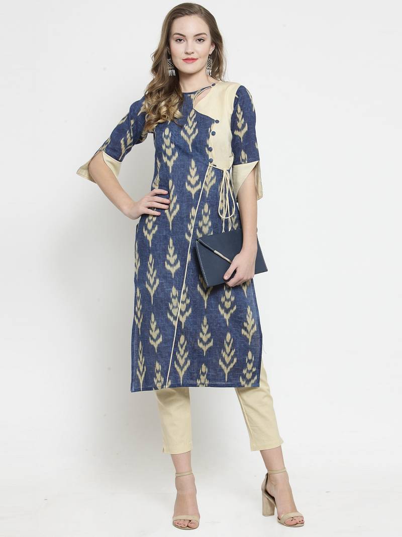 Indibelle Blue Cotton Slub Leaf Print Straight Kurta With trouser