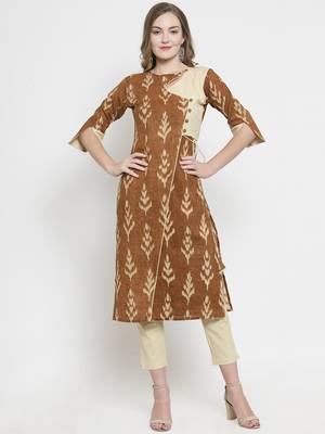 Indibelle Brown Cotton Slub Leaf Print Straight Kurta With Trouser 1