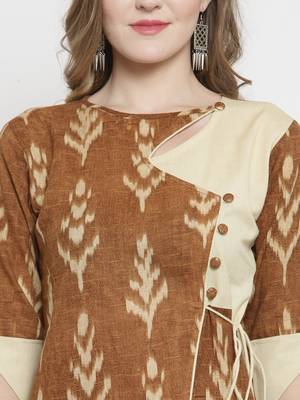 Indibelle Brown Cotton Slub Leaf Print Straight Kurta With Trouser 2