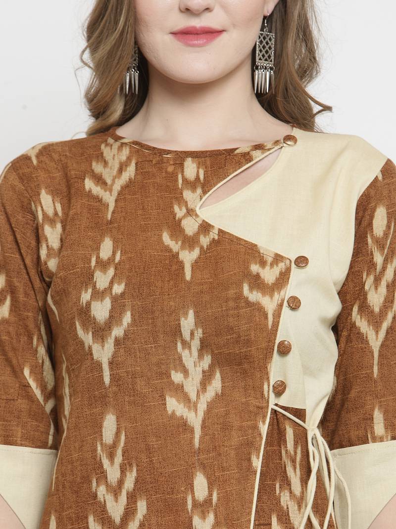Indibelle Brown Cotton Slub Leaf Print Straight Kurta With Trouser