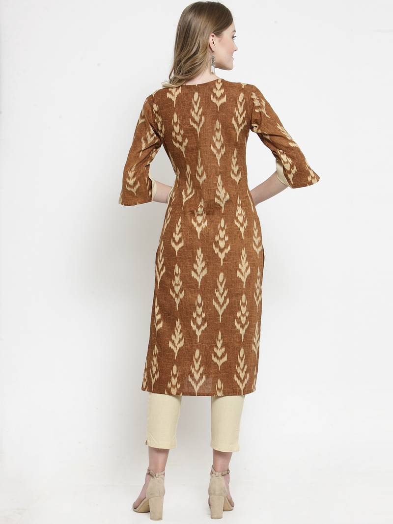 Indibelle Brown Cotton Slub Leaf Print Straight Kurta With Trouser
