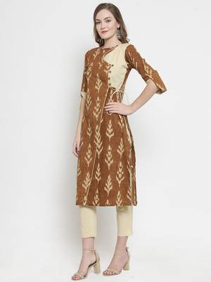 Indibelle Brown Cotton Slub Leaf Print Straight Kurta With Trouser 4