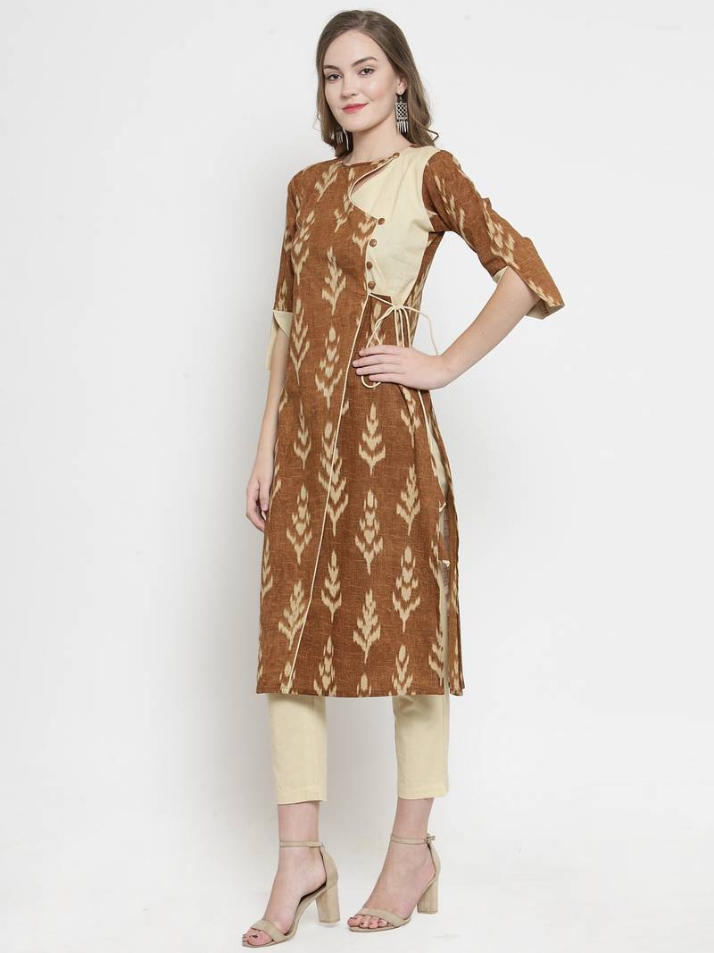 Indibelle Brown Cotton Slub Leaf Print Straight Kurta With Trouser