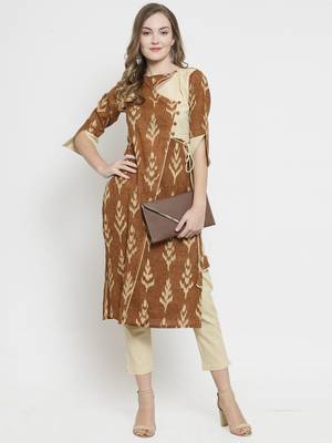 Indibelle Brown Cotton Slub Leaf Print Straight Kurta With Trouser 5