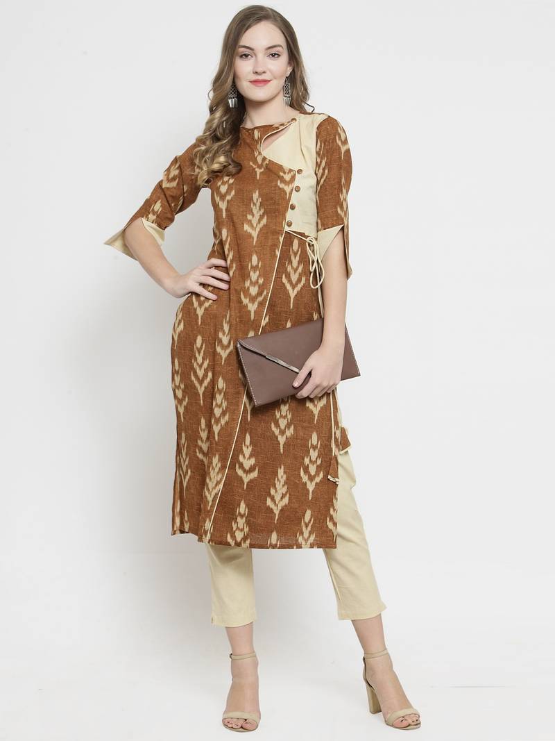 Indibelle Brown Cotton Slub Leaf Print Straight Kurta With Trouser