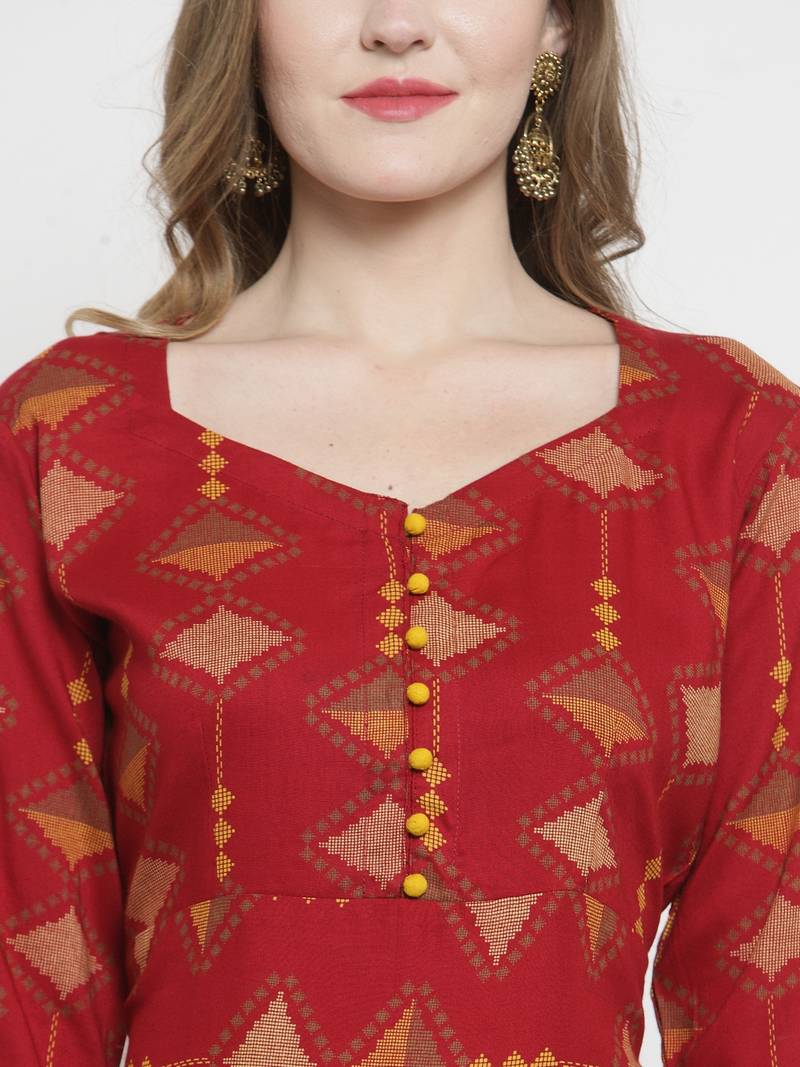 Indibelle Maroon Rayon Printed Straight Kurta with Trouser.
