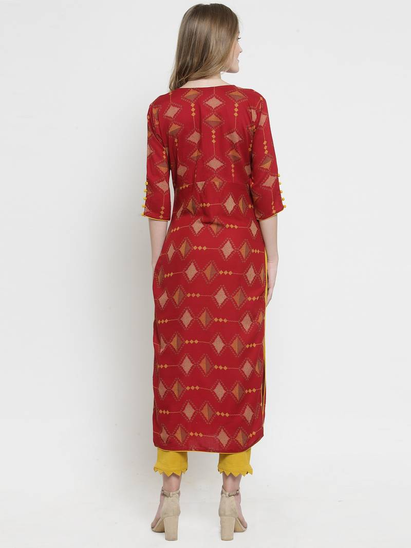 Indibelle Maroon Rayon Printed Straight Kurta with Trouser.