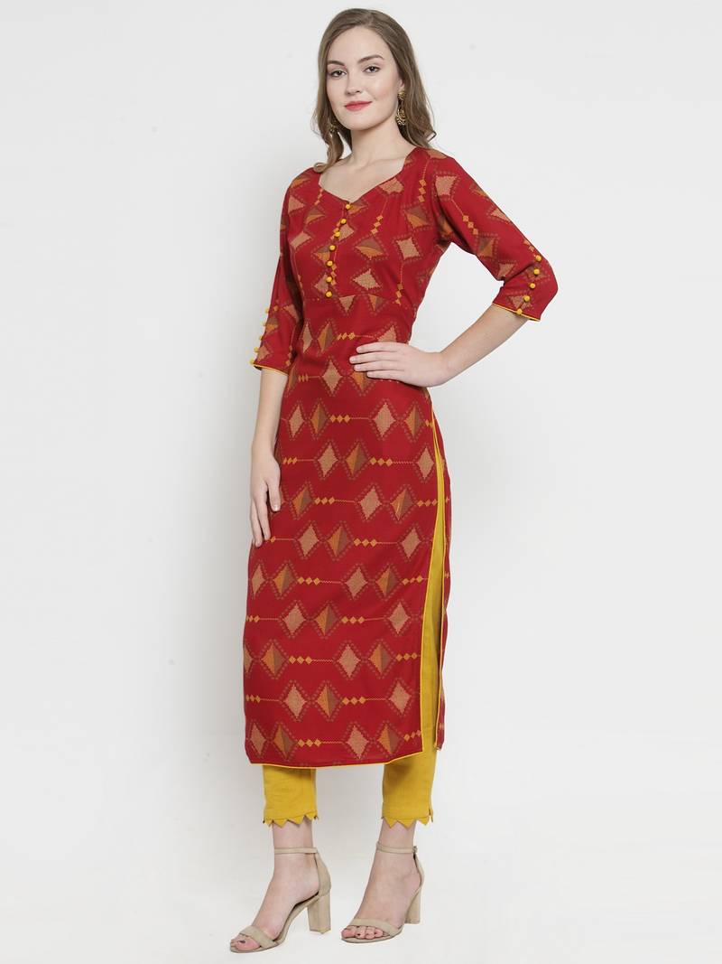 Indibelle Maroon Rayon Printed Straight Kurta with Trouser.