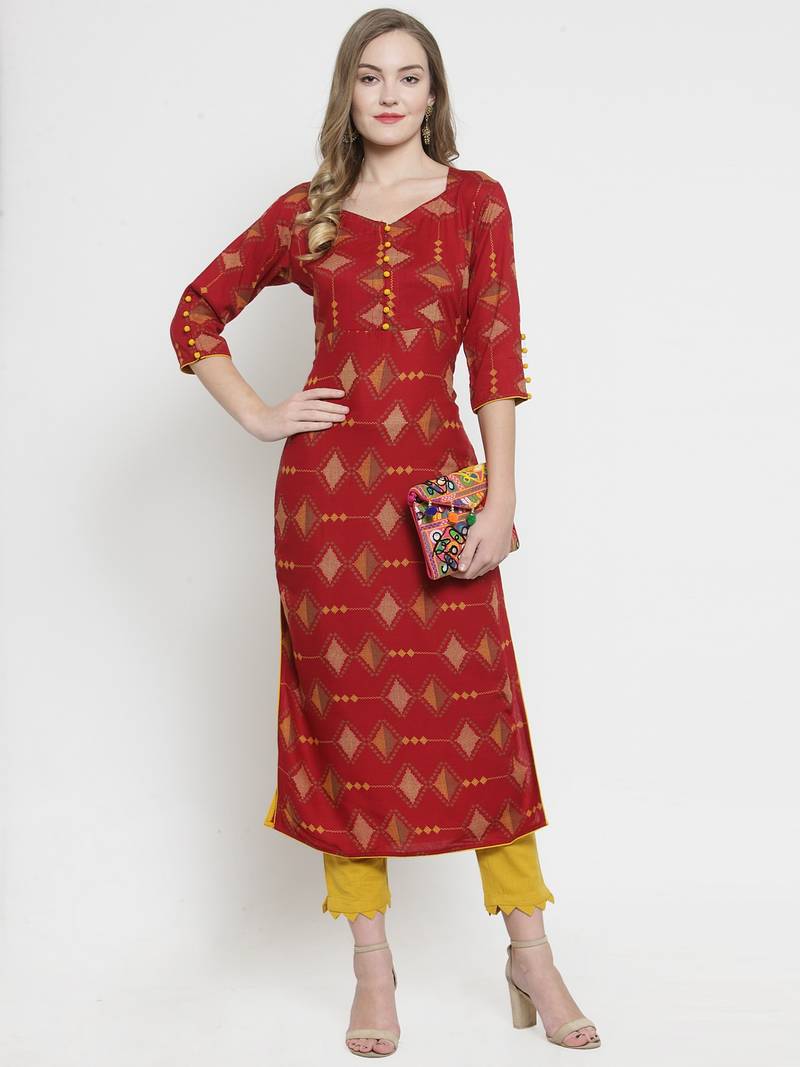 Indibelle Maroon Rayon Printed Straight Kurta with Trouser.