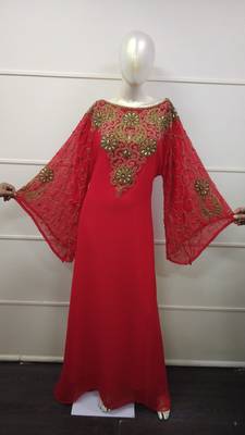 Red Zari Work Chiffon Polyester Islamic Party Wear Festive Kaftan 1