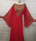 Red Zari Work Chiffon Polyester Islamic Party Wear Festive Kaftan