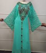C.Green Zari Work Chiffon Polyester Islamic Party Wear Festive Kaftan