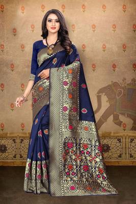 Navy blue woven art silk saree with blouse 1