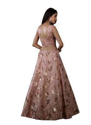 Peach Embroidered
 Silk Unstitched Lehenga 3