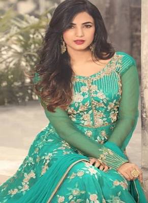 Sky-blue embroidered net salwar 3