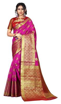 Pink woven banarasi silk saree with blouse 1