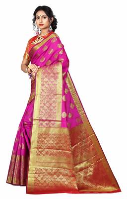 Pink woven banarasi silk saree with blouse 3