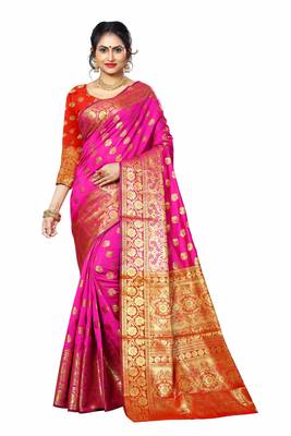 Pink woven banarasi silk saree with blouse 3