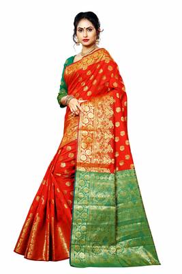 Red woven banarasi silk saree with blouse 1