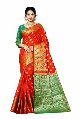 Red woven banarasi silk saree with blouse 2