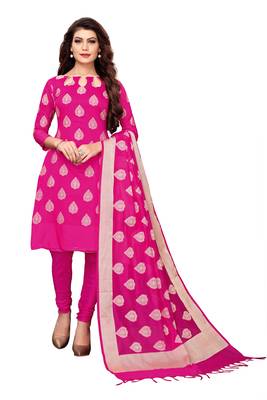 Women's pink woven banarasi unstitched salwar with dupatta 1