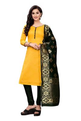 yellow plain banarasi unstitched salwar with dupatta 1