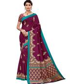 Wine printed art silk saree with blouse