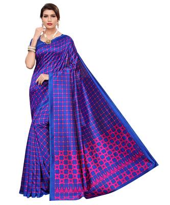Blue printed art silk saree with blouse 1