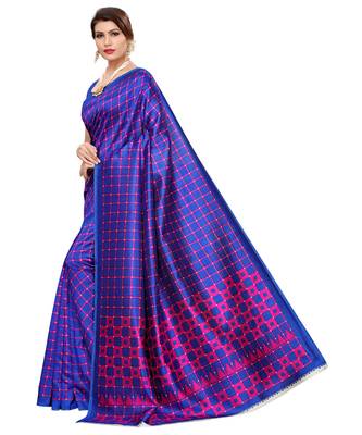 Blue printed art silk saree with blouse 2