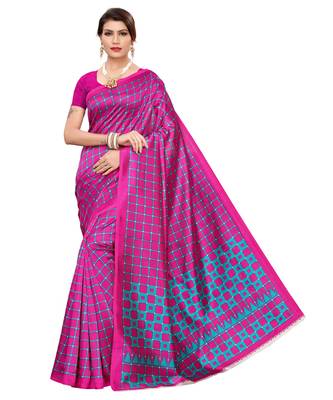 Pink printed art silk saree with blouse 1