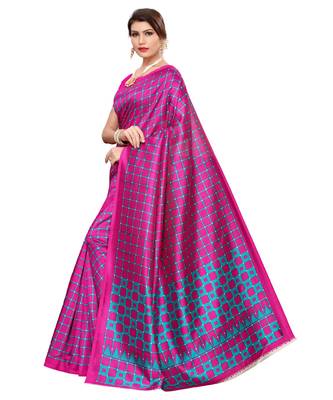 Pink printed art silk saree with blouse 2