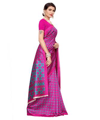 Pink printed art silk saree with blouse 3