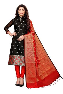 Women's black woven banarasi unstitched salwar with dupatta 1