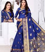 Blue woven cotton silk saree with blouse