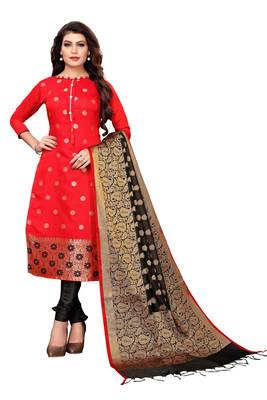 Women's red woven banarasi unstitched salwar with dupatta 1