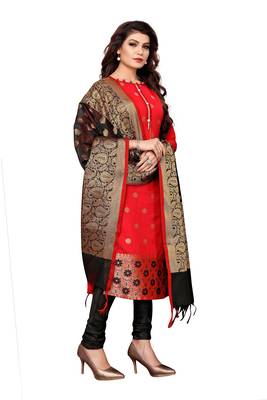 Women's red woven banarasi unstitched salwar with dupatta 3