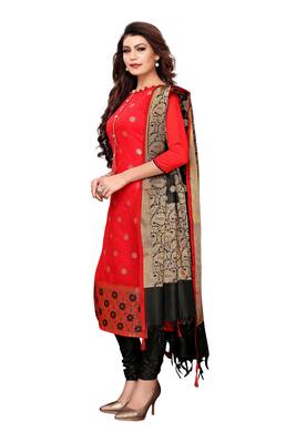 Women's red woven banarasi unstitched salwar with dupatta 4