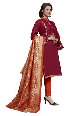 Blissta Maroon & Orange Slub Cotton Embroidered Dress Material With Banarasi Dupatta 4