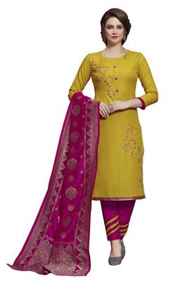 Blissta Yellow & Pink Slub Cotton Embroidered Dress Material With Banarasi Dupatta 1