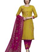 Blissta Yellow & Pink Slub Cotton Embroidered Dress Material With Banarasi Dupatta