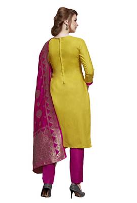 Blissta Yellow & Pink Slub Cotton Embroidered Dress Material With Banarasi Dupatta 3