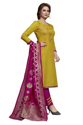 Blissta Yellow & Pink Slub Cotton Embroidered Dress Material With Banarasi Dupatta 4