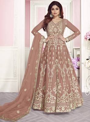 Pink embroidered net semi stitched salwar with dupatta 1